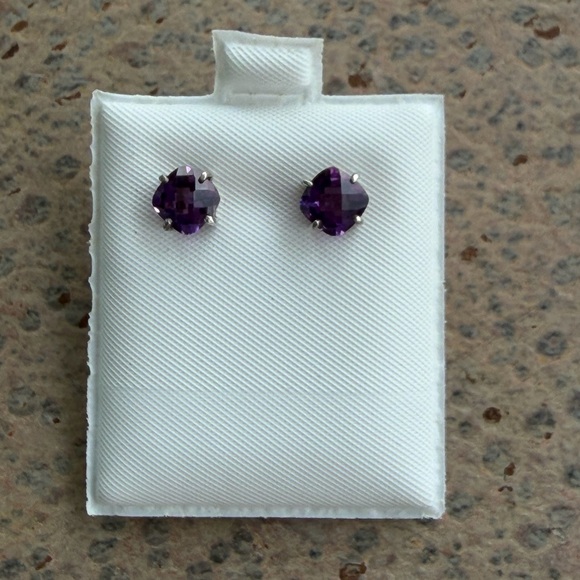 Elegant Checkerboard cut Amethyst cushion cut Purple Stud Earrings